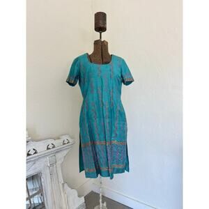 Rangoli Women's Medium Tunic Chemise Turquoise Pink Silk Dubai Chemise Abstract